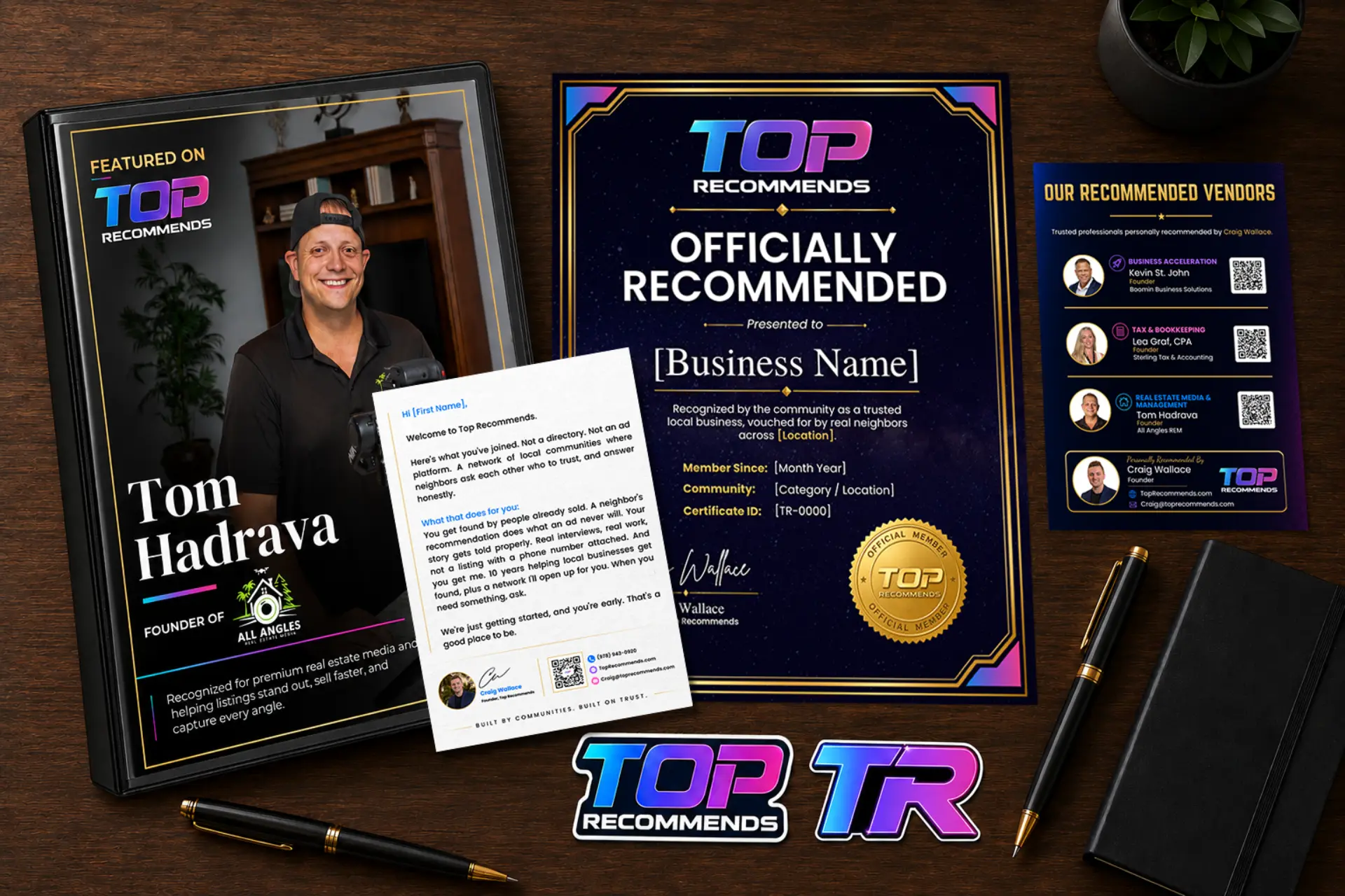 Top Recommends media kit: binder cover, certificate, printed article, review cards, pen.