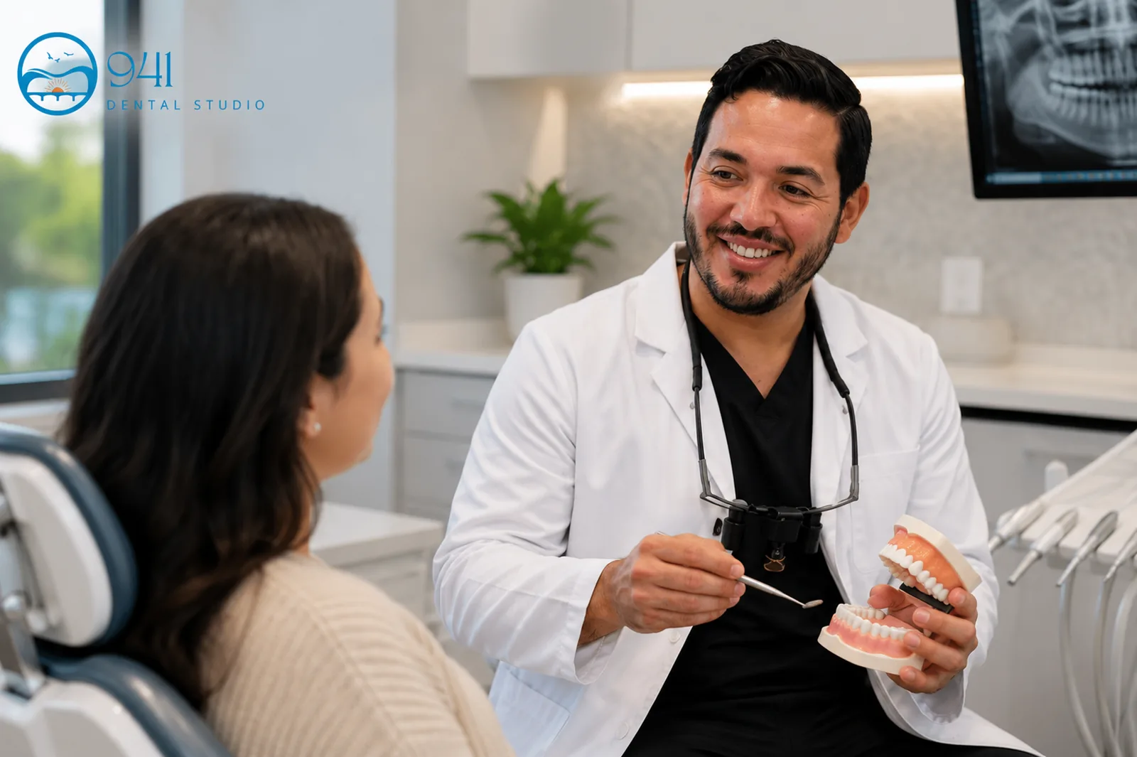 Dr. Jose Roque, DDS of 941 Dental Studio showing a dental model to a patient in the Clark Road office in Sarasota, Florida.