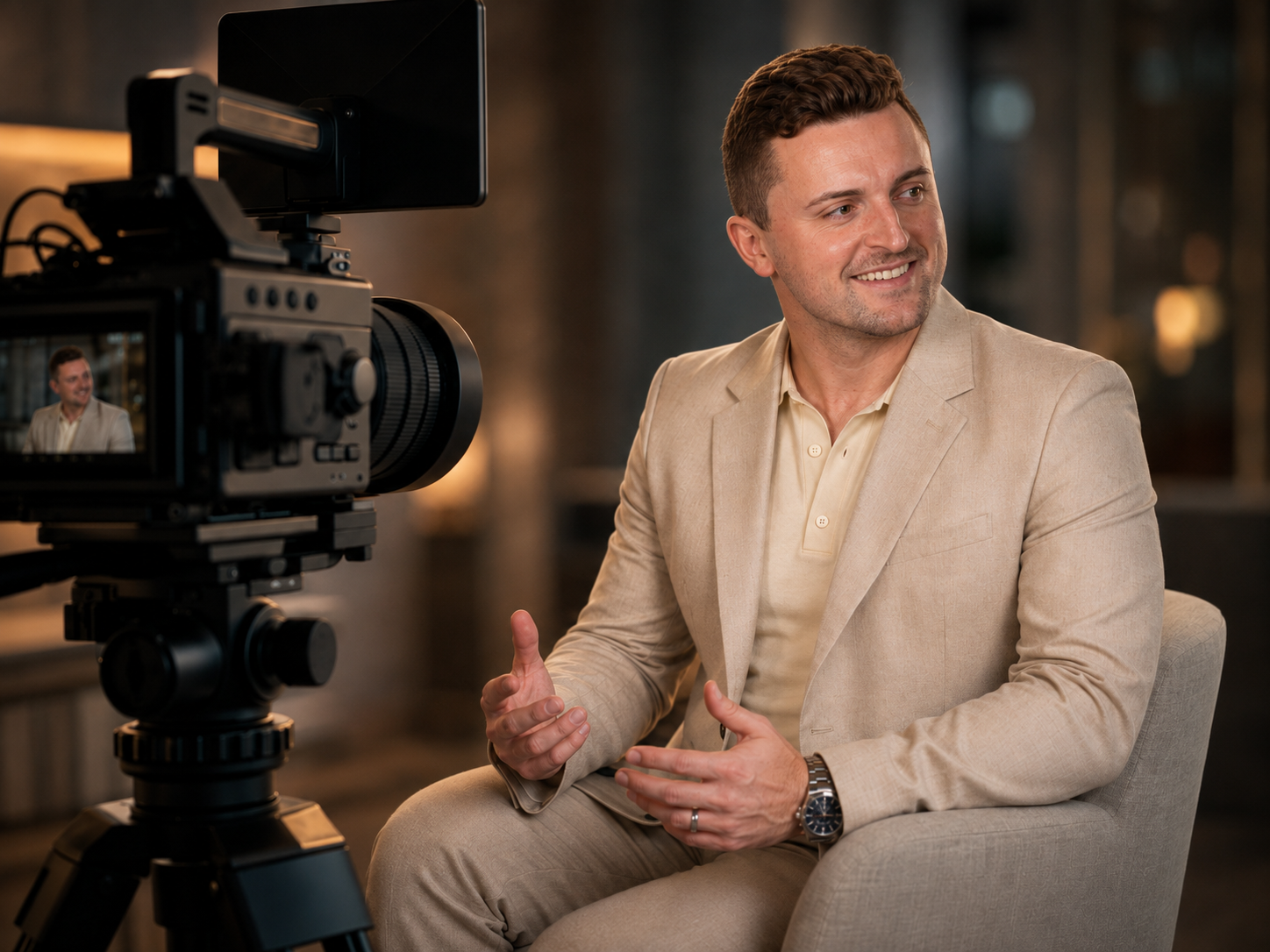 Cinema camera filming a business owner for a polished brand video in a designer showroom