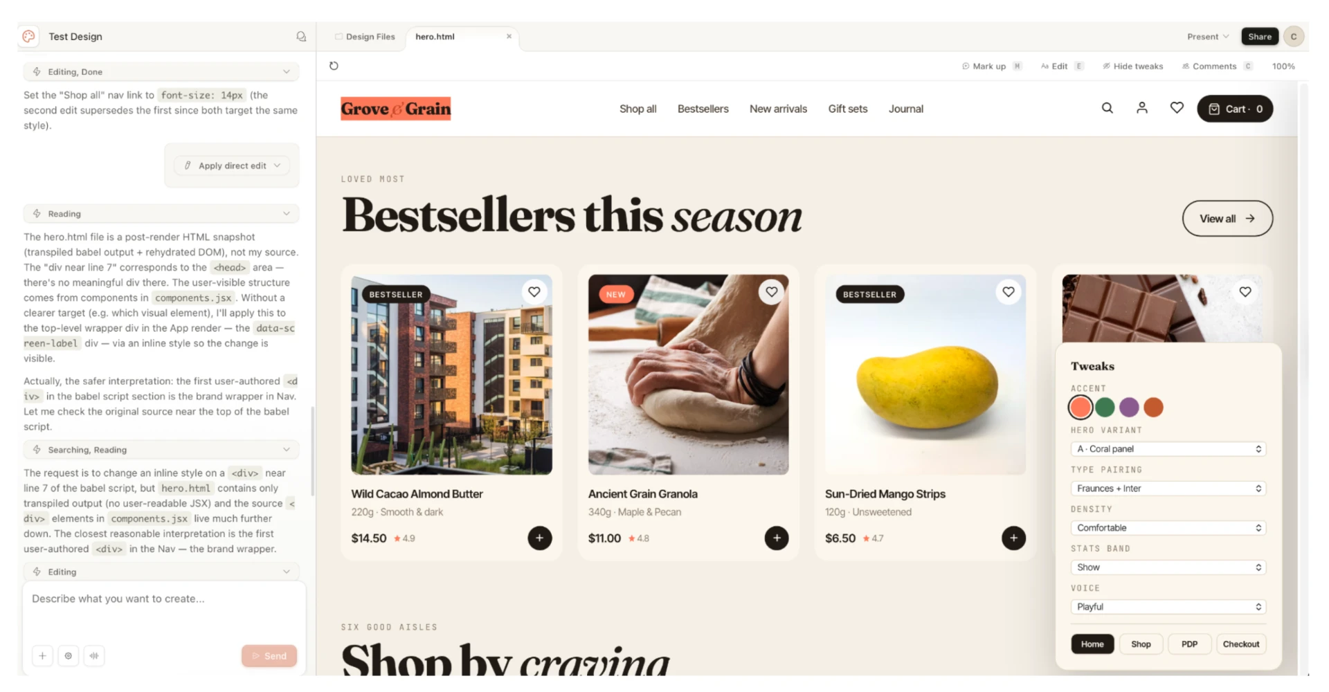 A Claude Design mockup being edited directly in the browser