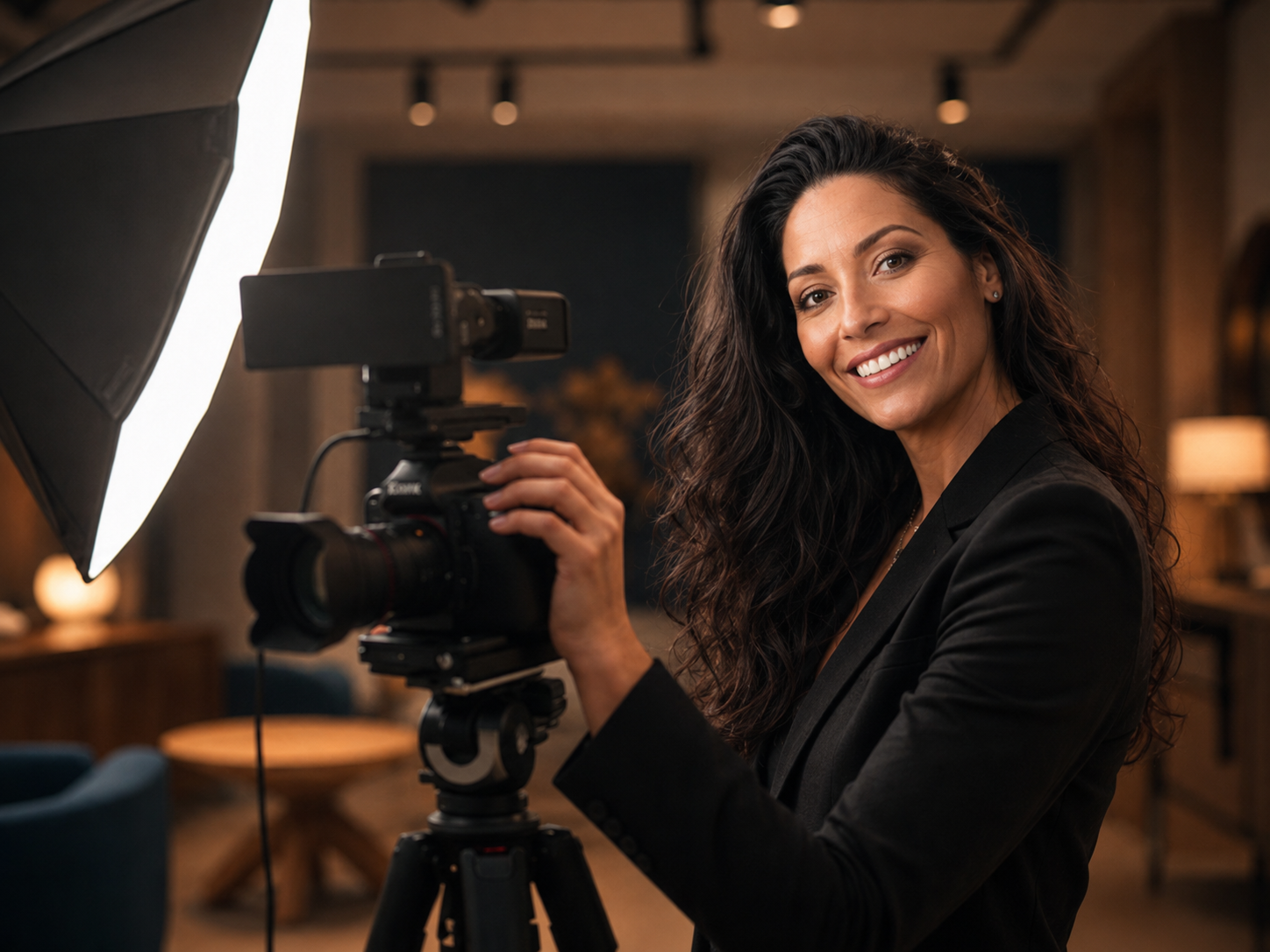 Photographer capturing studio-lit headshots of a business owner in the showroom