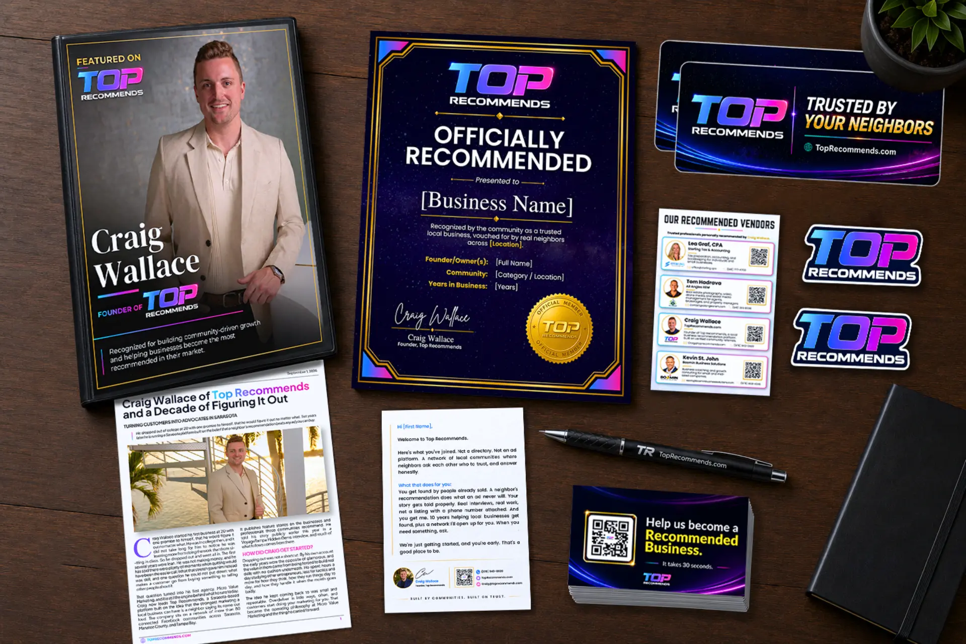 Top Recommends membership kit: printed feature, certificate, welcome letter, vendor sheet, decals and referral cards.